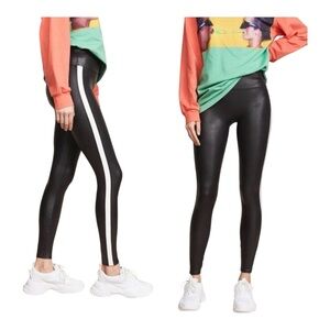 SPANX Black Faux-Leather Leggings with White Side Stripe